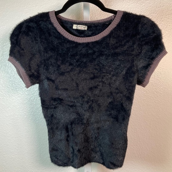 Free People Tops - Intimately Free People Fuzzy Short Sleeve Knit Top‎ Black Purple Trim Size XS